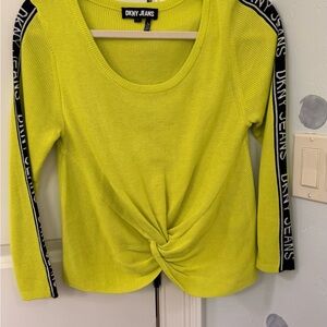DKNY Neon Lime Twist-Knot Long Sleeve Sweatshirt with Logo Tape